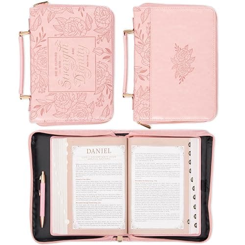 Christian Art Gifts Premium Vegan Leather Fashion Floral Bible Cover for Women: Strength & Dignity - Prov. 31:25 Inspirational Scripture Verse Carry Case w/Pockets & Pen Storage, Pink & Gold, Large thumbnail 2