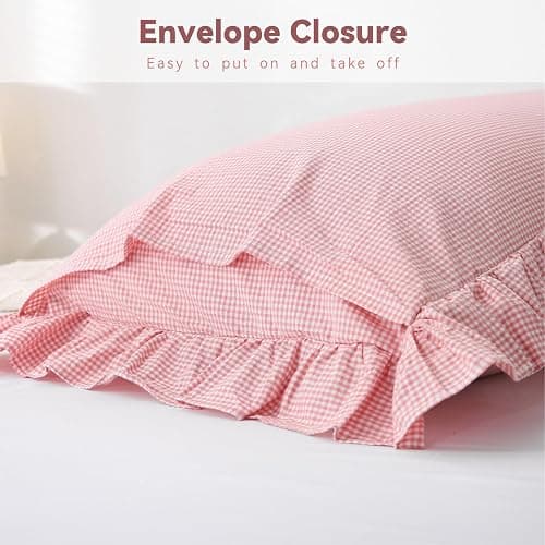 Jilboo Vintage Pink/White Gingham Body Pillow Cover 20x54 - Ruffled Farmhouse Bedding Accent | 100% Washed Cotton Checkered Pillow Sham for Bed, Sofa, Couch (Blush Plaid, 1pc) thumbnail 6