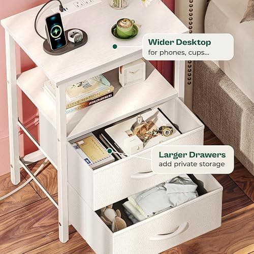 Huuger Night Stand with Charger Station and LED Lights, 2 Drawer Nightstand, Bed Side Table with Open Shelf, End Table, Fabric Dresser for Bedroom, PU Leather, White thumbnail 7