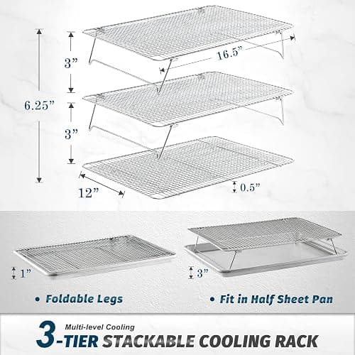 Stainless Steel Stackable Cooling Rack for Baking, 3 Tier 12”x 16.5”,Oven & Dishwasher Salf and Fit Half Sheet,Wire Cooling Racks for Cookie, Pizza, Cake thumbnail 3