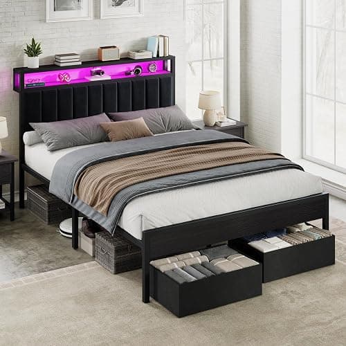 AMERLIFE Queen Bed Frame with LED Light and 2 Storage Drawers, Metal Platform Bed with Storage Headboard, Velvet Upholstered, Heavy-Duty Slats, No Box Spring Needed, Easy Assembly, Black thumbnail 9