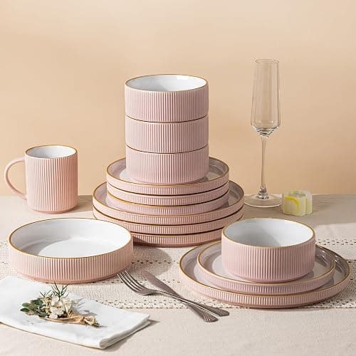 GBHOME Stoneware Dinnerware Sets for 4, 12 Pieces Plates and Bowls Set | Lightweight Ceramic Ribbed Dishes, Reactive Glaze Stackable Plate Set, Scratch Resistant, Microwave & Dishwasher Safe, Pink thumbnail 6