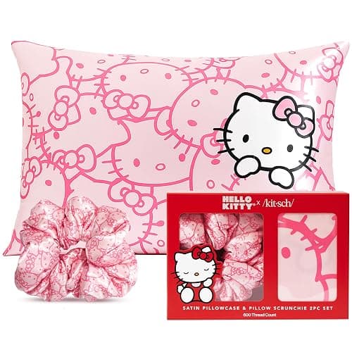 Kitsch Hello Kitty Satin Pillowcase, Softer Than Silk for Hair & Skin, Machine Washable, Wrinkle-Free, Standard Size, and Satin Scrunchies No Damage Hair Ties Pink Kitty Faces, 2 Piece Set - Image 1