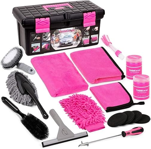 THINKWORK Pink Car Detailing Cleaning Kit, Car Wash Kit, Car Accessories for Women Suitable for Small and Medium Vehicles Such As Cars, Trucks, Suvs(17pcs) - Pink - Image 1