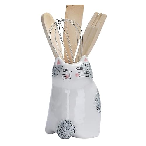 Bico Cartoon Cat Utensil Holder, Handpainted Stoneware, Dishwasher Safe - Image 1