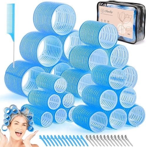 obeoby 4 Sizes Hair Rollers Curlers Set with Clips for Women Girls, Blue | Self-Grip No-heat Styling Jumbo Large Small Rollers for Long Short Curly Bangs, Home Use or Travel Accessories Gifts - Image 1