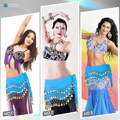 COSICS Belly Dance Hip Scarf, Women's Chiffon Belly Dancing Scarf with 128 Coins for Yoga Class thumbnail 7