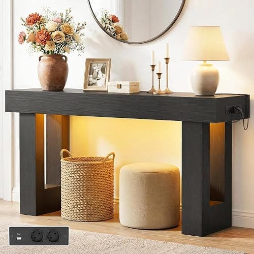 iSunirm Konsolentisch 120 cm mit Steckdosen & Bewegungsmelder-Licht, Beistelltisch mit offenem Stauraum, Landhausstil, für Eingang, Flur, Wohnzimmer, Schwarz - Image 1