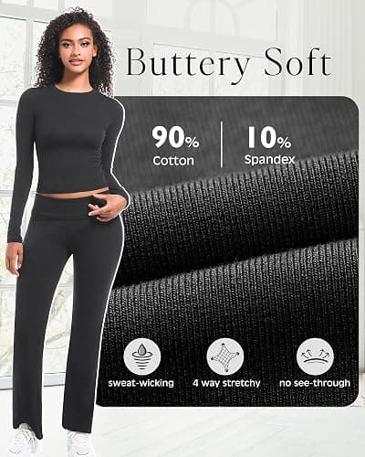 LUXURY-VITA 2 Piece Lounge Sets for Women Casual Long Sleeve Crop Top Fold Over Flare Yoga Leggings Pants Outfits Pajamas Set thumbnail 6