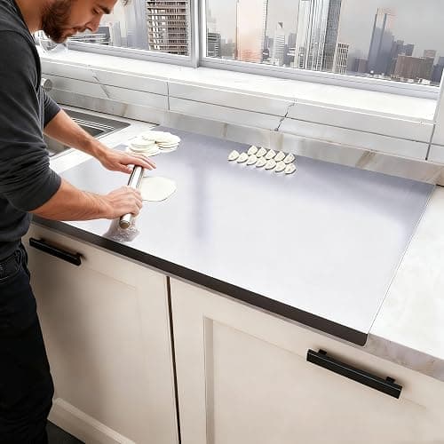 Stainless Steel Cutting Board with Lip, Extra Large Stove Top Chopping Board Pastry Board Kneading Board Noodle Boards 32”x 20” with Rolling Pin - Image 1