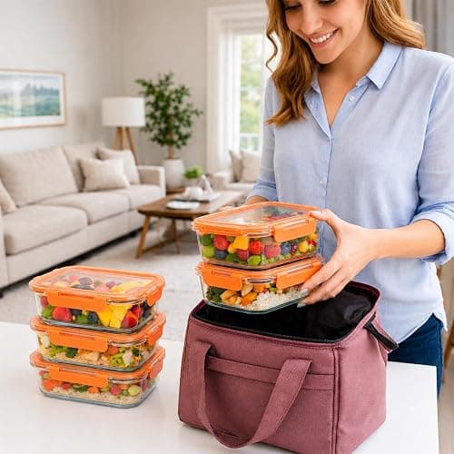 Innoteck 5 Pack 1040ml Orange Glass Food Storage Containers with Lids | Borosilicate meal prep containers with airtight leakproof locking lids, dishwasher safe for food storage and leftovers. thumbnail 7