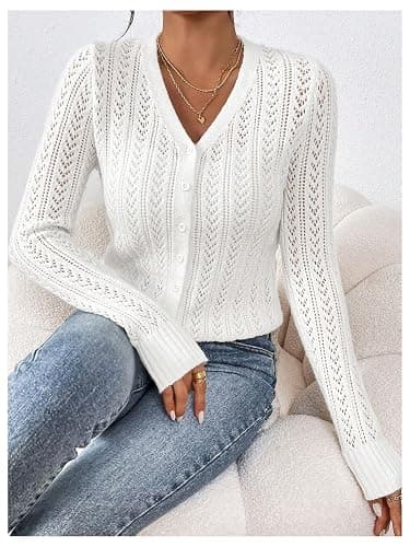 SHENHE Women's Pointelle Cardigan Sweaters Button Down Long Sleeve Chunky Knit Open Front Sweater Fall thumbnail 7