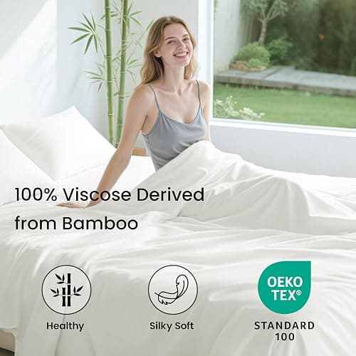 Love's cabin 6 Piece Queen Sheet Set, 100% Rayon Derived from Bamboo, Cooling & Breathable, Soft Silky Deep Pocket up to 16", Hotel Luxury Bedding for Hot Sleepers, White thumbnail 2