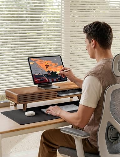 Tinamo 24" Wood Monitor Stand Riser with Sliding Door and Cable Management | Acacia Wood, Ergonomic Design, Fits Most 24"-32" Monitors, Non-slip, Hidden Multi-purpose Storage, All Hardware Included thumbnail 2