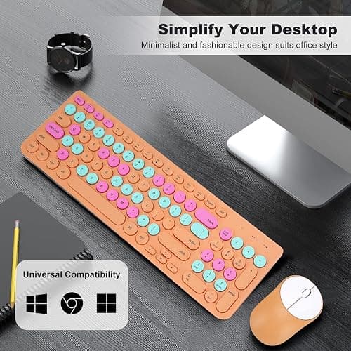 Wireless Keyboard and Mouse Combo, Retro Typewriter Keyboard with Round Keycaps, 2.4GHz USB Cute Wireless Keyboard Mouse for Computer, Desktop, Laptop and Computer (Orange Colorful) thumbnail 7