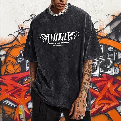 Lubpow Mens Acid Wash Tshirt Oversized Vintage Graphic T-Shirts Cool Grunge Rose Floral Shirt Trendy Y2K Streetwear Tee Tops thumbnail 2