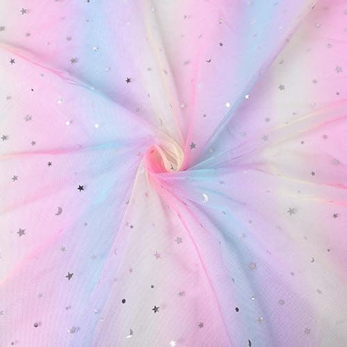 TuTive Iridescent Moon and Stars Gauze Table Runner 120 Inch 10FT Rainbow Tulle Silver Sequin Glitter Table Runner Colorful Dining Wedding Rainbow Birthday Decorations Unicorn Decor Holiday Home Party thumbnail 7