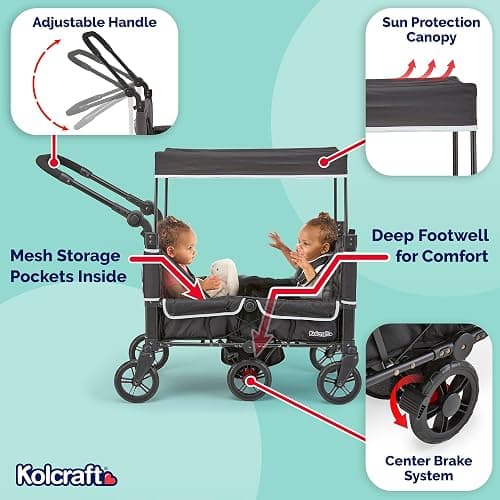 Kolcraft 2-Kid Stroller Wagon, Zero-Turn 360° Steering, Lightweight 27 lb Foldable Wagon Stroller with Push/Pull Handle, 110 lb Capacity, UPF 50+ Canopy, All-Terrain EVA Wheels, 5-Point Harnesses thumbnail 6