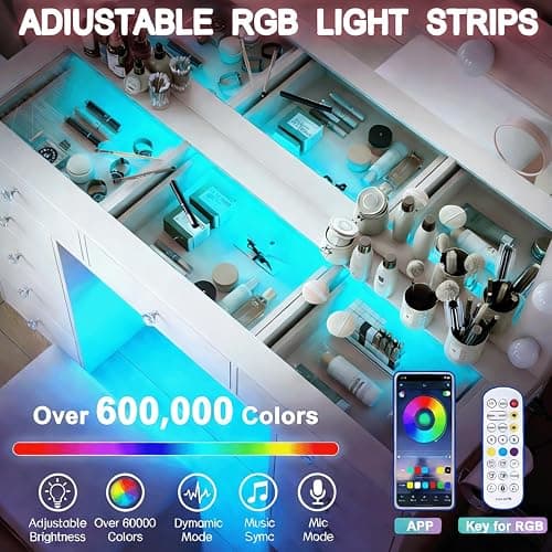 CollaredEagle Makeup Vanity Desk with RGB Lights, 47.2'' Mirror, 11 Drawers | RGB Lights, 47.2'' Mirror, 11 Drawers, 3 Light Colors, 5 Brightness Levels, Charging Station, White thumbnail 8