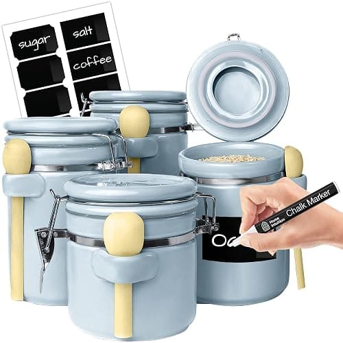 Home Intuition 4-Piece Ceramic Kitchen Canisters Set, Airtight Containers with Wooden Spoons Reusable Chalk Labels and Marker for Sugar, Coffee, Flour, Tea (Light Blue) - Image 1