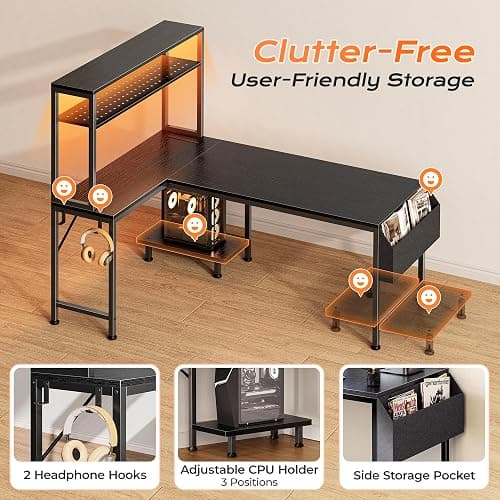 PRAISUN L Shaped Gaming Desk with LED Lights & Power Outlets | Reversible Computer Desk with Storage Shelves & Bag, Large Corner Home Office Desk with Pegboard for Work from Home, Black thumbnail 9