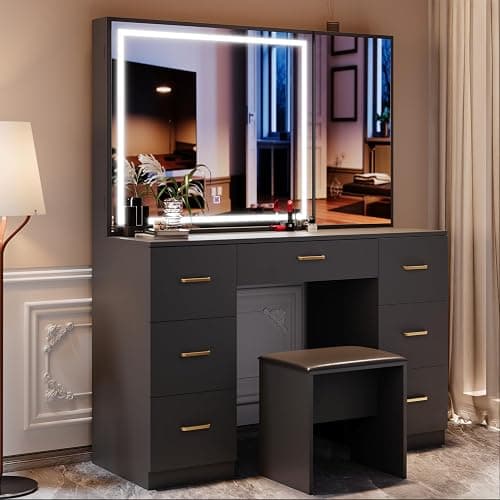 Jartoil Vanity Desk with Large Mirror and Lights, Black Makeup Vanity with 7 Drawers, Adjustable Brightness Vanity Table with Glass Door Cabinet, Modern Vanity Set with Stool for Bedroom thumbnail 8