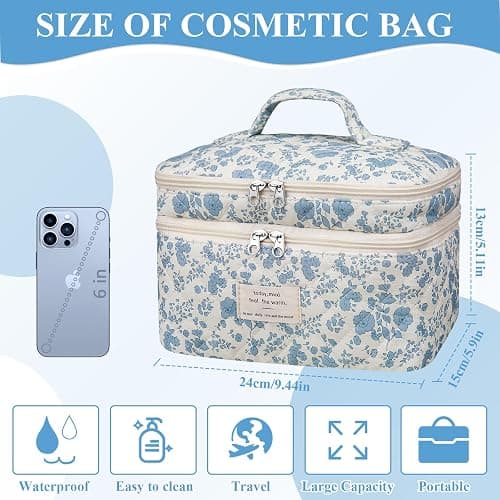 Makeup bag, Large Cosmetic Bag for Women Girls, Cute Quilted Makeup Bags, Floral Coquette Aesthetic Toiletry Bag, Travel Make Up Organizer Bag (Blue Flowers) thumbnail 5