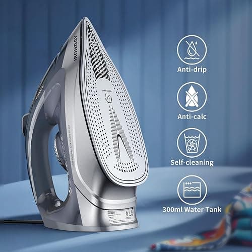 IRONDAY Steam Iron for Clothes Rapid Heating, 1700W Iron Burst of Steam, Non-Stick Ceramic Soleplate, Auto shutoff, Anti-Drip, Self-Cleaning, 10.14oz Water Tank Ironing Clothes for All Fabrics, Grey thumbnail 4