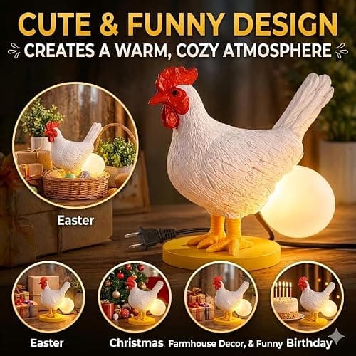 AMPlug in Funny Chicken Night Light Lamp – Rooster Laying Egg Light, Farmhouse Table Decor, Unique Gift for Chicken Lovers (Includes Bulb) thumbnail 3