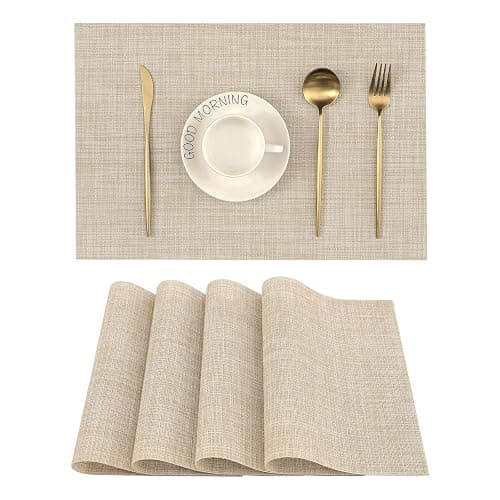 Leetaltree Beige Placemats Set of 4 - Heat Resistant Non-Slip Place mats for Dining Table, Washable Durable PVC Vinyl Woven Table Mats(Beige, 4) - Image 1