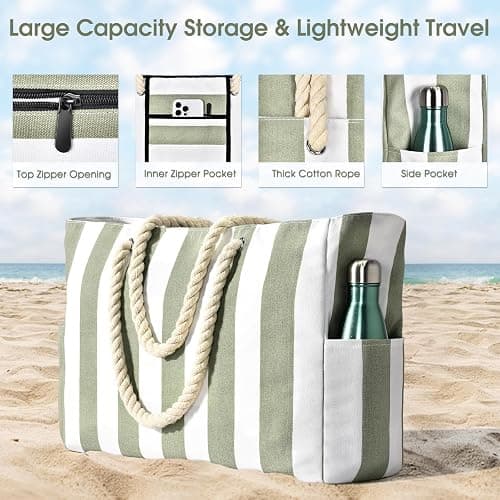 Becokan Sac de piscine pour femme – Imperméable à l'eau et au sable à grandes rayures avec fermeture éclair thumbnail 5
