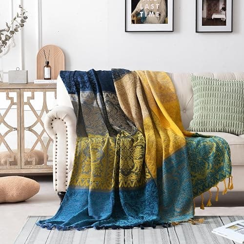 Edcooy Bohemian Throw Blanket for Couch，Colorful Chenille Tassels Boho Woven Hippie Throw Blankets for Couch Bed Sofa Chair Recliner Loveseat, Bohemian Fringe Tassels Decor Home(Blue, S:60x75) - Image 1