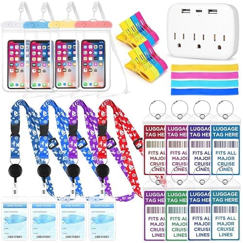 Cruise Ship Essentials Kit Include Cruise Luggage Tags Holder, Cruise Lanyards, Cruise Power Strip, Towel Bands and Clips, Waterproof Phone Bags for All Cruise Lines - Image 1