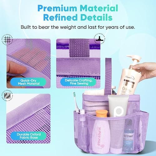 EUDELE Mesh Shower Caddy Portable for College Dorm Room Essentials,Portable Shower Caddy Dorm with 8-Pocket Large Capacity, Shower Bag for Beach, Swimming, Gym-Purple thumbnail 4