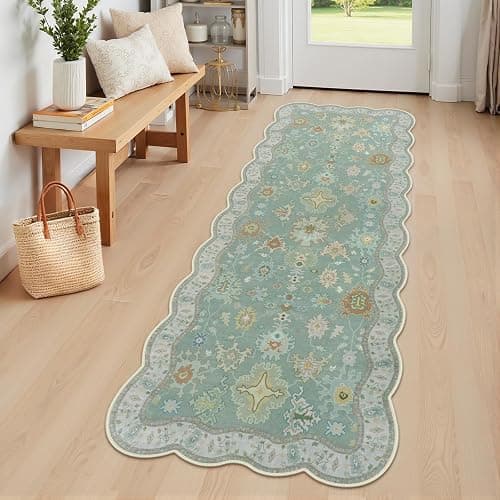 LORWER Oushak 2x6 Runner Rug, Washable Green Boho Floral Turkish Retro Runners, Scalloped Ultra Thin Non Slip Low Pile Long Throw Rug for Laundry Room Kitchen Bathroom - Image 1