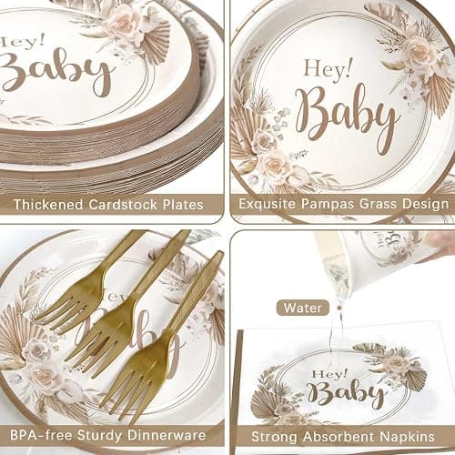 Heboland Babyparty Deko Partygeschirr Set, 125 Stück Neutral Hey Baby Party Decoration Teller Becher Servietten für Baby Shower Deko thumbnail 7