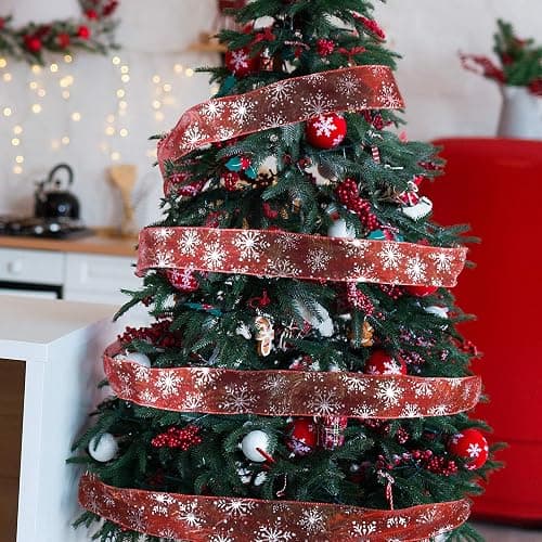 Livder 2.5 Inch Wide Christmas Wired Ribbon Snowflake Organza Sheer Glitter Ribbon for Xmas Tree, Wreath, Party Decoration, Gift Wrapping (Red, 21.9 Yards) thumbnail 7