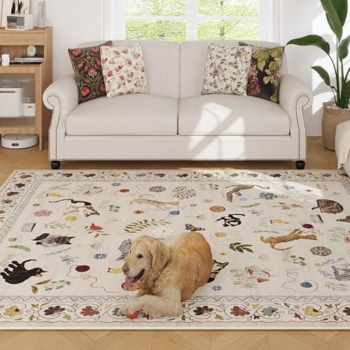Rugcomf Living Room Rug 5x7 Rug Machine Washable Boho Area Rug Non Slip Floral Animal Cat Vintage Low Pile Large Rugs for Living Room Bedroom Farmhouse Dining Room Kids Playroom, Beige thumbnail 3