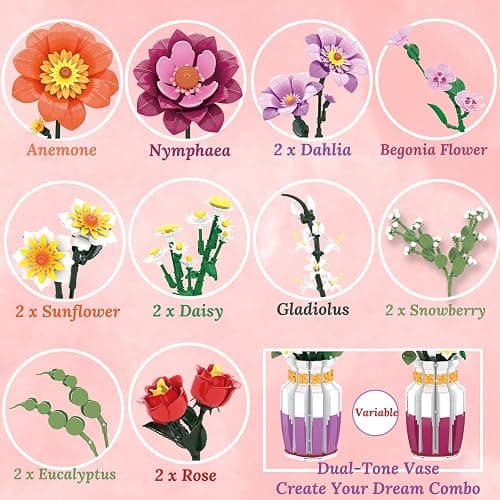 Loyratche Dual-Tone Vase Flowers Bouquet Building Set, Artificial Flower Block Toys for Adults & Women Botanicals Collection for Home and Office Decor (1278 PCS) thumbnail 5