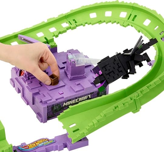 Hot Wheels Toy Car Track Set, RacerVerse Minecraft Playset & Die-Cast Diamond Armor Steve in Minecart Vehicle, Launch & Race to Defeat Ender Dragon thumbnail 3