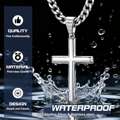 Besteel 925 Sterling Silver Cross Necklace Beveled Edge for Men Women 5mm Stainless Steel Non Tarnish Durable Cuban Link Curb Chain Crucifix Pendant Necklace Jewelry 16-30 Inches Christian Baptism Gifts thumbnail 8