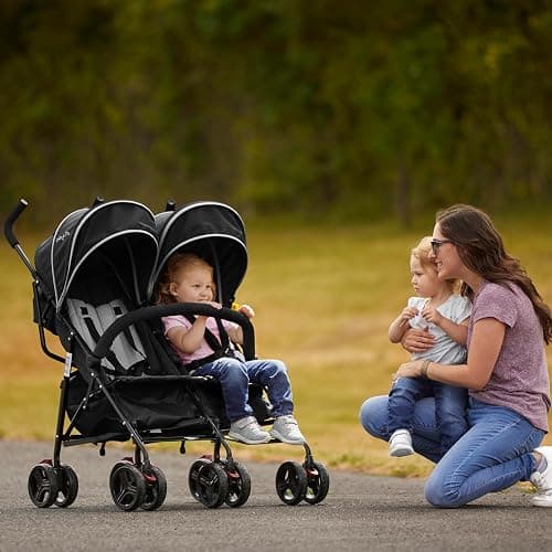 Dream On Me Volgo Side-by-Side Twin Umbrella Toddler Stroller, Black | 5 Point Safety Harness, Smooth Swivel Wheels, Lightweight, Adjustable Double Canopy, Storage Basket, 40 Lb Limit Each Seat thumbnail 2