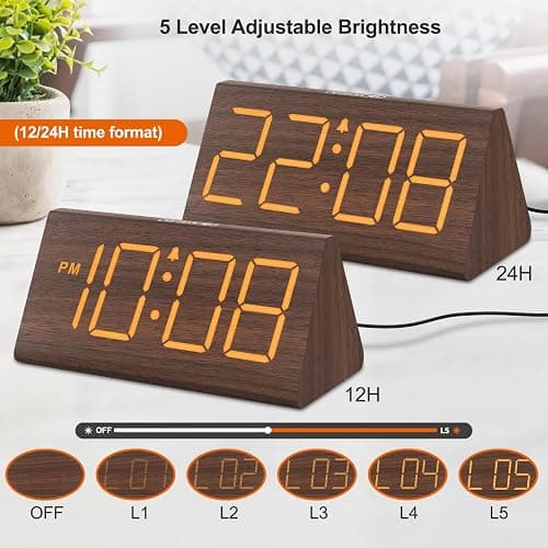 DreamSky Wooden Digital Alarm Clocks for Bedrooms - Electric Desk Clock with Large Numbers, USB Port, Loud Alarm for Heavy Sleepers, Adjustable Volume, Dimmer, Snooze, DST, Wood Décor, Adapter Powered thumbnail 5