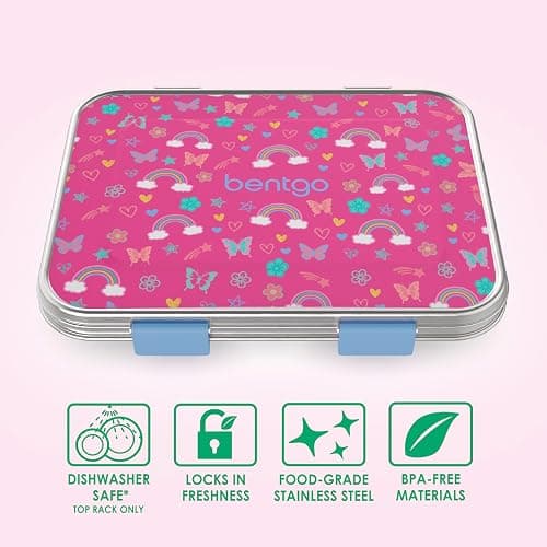 Bentgo Kids Stainless Steel Prints Leak-Resistant Lunch Box - 3-Compartments with Silicone Container, Durable, Eco-Friendly, Dishwasher Safe, BPA-Free, for School, Ages 3+ (Rainbows & Butterflies) thumbnail 5