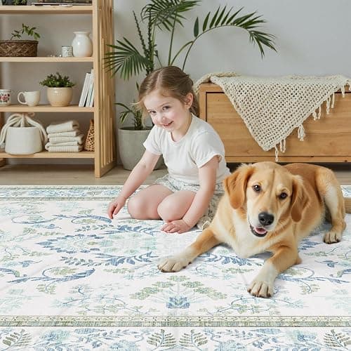DCX Green 5x7 Rug, Kid & Pet Friendly with Rubber Back Non Slip, Machine Washable Stain Resistant Botanical Floral Rug for Living Room, Bedroom, Home Office, Soft Low Pile Large Nursery Carpet thumbnail 3