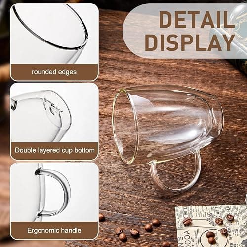 12 Oz Double Walled Glass Coffee Mugs with Handle, Insulated Layer Coffee Cups, Clear Borosilicate Glass Mugs - Gift for Cappuccino,Tea,Latte,Espresso,Hot Beverage,Cold Drinks, Set of 2 thumbnail 5