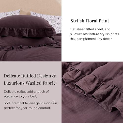 BLOOMHAVEN Full Comforter Set - 7 Pieces Ruffle Purple Bedding Sets, Shabby Chic Farmhouse Bed in a Bag Full with Ruffle Comforter, Floral Sheets, Pillowcases & Shams thumbnail 8