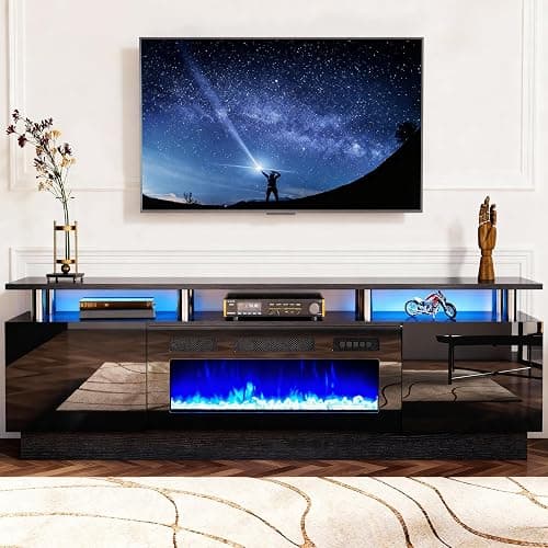 oneinmil 2 Tier TV Console Stand with 36" Electric Fireplace, LED Light Entertainment Center for TVs Up to 80" for The Living Room, 70", Black - Image 1