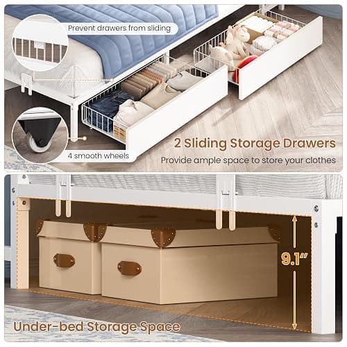 Hasuit Corner Twin Bed Frame with Storage Drawers and Bookcase Headboard, Twin Size Metal Platform Corner Bed Frame with Charging Station and LED Lights, Twin Daybed for Kids Teens Guests, White thumbnail 6
