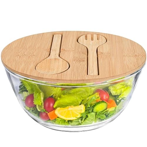 LOVYANXUE 10.6" Glass Salad Bowl with Lid, 4.7 Quart Large Capacity Serving Bowls and Mixing Bowls with Utensils, Versatile Serving Dish for Salads,Fruits,Pasta,Popcorn,Trifle Bowl, Microwave Safe - Clear - Image 1